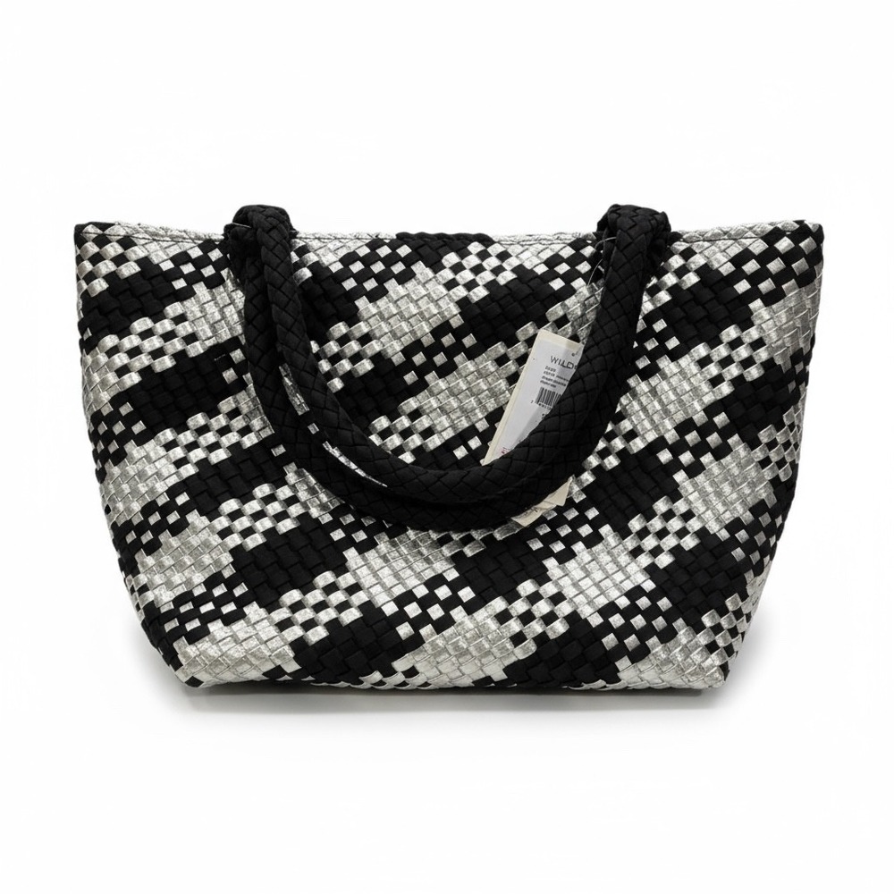 WILD FOX Woven Tote Bag Black Silver Houndstooth Large Shopper‎ Beach Bag